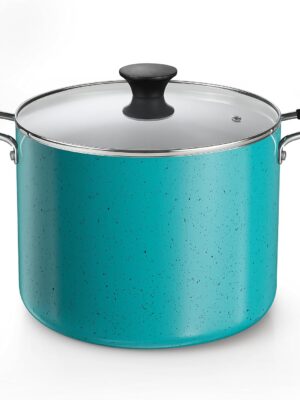 Nonstick Stockpot with Lid 10.5-Qt, Professional Deep Cooking Pot Cookware Canning Stock Pot with Glass Lid, Turquoise