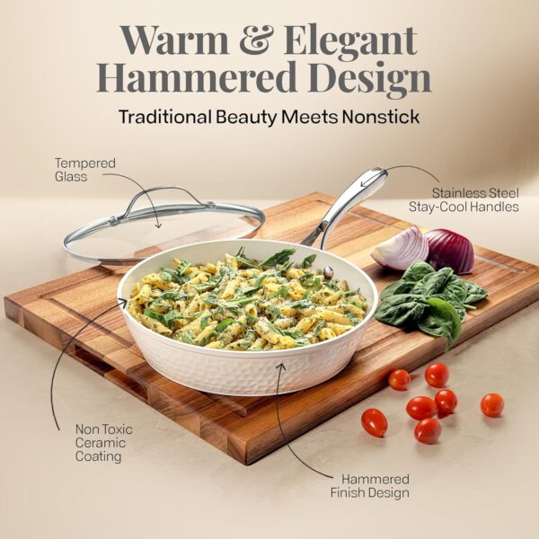Hammered 10 Inch Non Stick Frying Pans with Lid, Frying Pans Nonstick with Lid, Healthy and Non Toxic Ceramic Pan for Cooking, Nonstick Frying Pan, Induction Pan, Dishwasher Safe – Cream