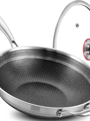 New  Tri-Ply Stainless Steel Wok Pan with Lid,Ceramic Nonstick Coating Stir Frying Pan,Induction Cooking Pan,Dishwasher and Oven Safe. (12-Inch Long Handle)