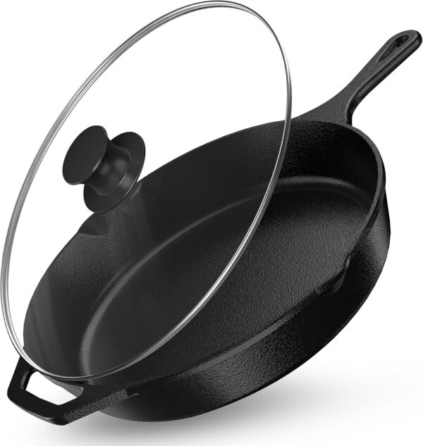 12 inch Saute Fry Pan Pre-Seasoned Cast Iron Skillet With Lid, Frying Pan, Cast Iron Pan, Safe Grill Cookware for Indoor & Outdoor Use - Cooking Gift for Men & Women (Black)