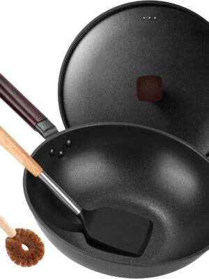 Carbon Steel Wok Pan - 13" Wok Pan with Lid, Woks & Stir-Fry Pans Nonstick with Spatula & Brush, Chinese Wok Flat Bottom Wok for Induction, Electric, Gas, All Stoves