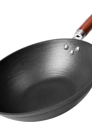21st  Wok, Stir Fry Pan, Wooden Handle, 11 Inch, Lightweight Cast Iron, chef’s pan, pre-seasoned nonstick, for Chinese Japanese and other cooking