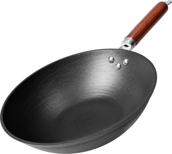 21st Wok, Stir Fry Pan, Wooden Handle, 11 Inch, Lightweight Cast Iron, chef’s pan, pre-seasoned nonstick, for Chinese Japanese and other cooking