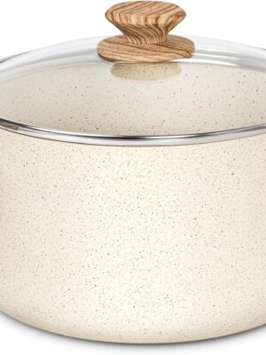 Nonstick Stock Pot, 6 Quart Cooking Pot with Lid, Induction Soup Pot White Granite, Non Stick Pot with Stay-cool Handle, 6 Quart Pot for Cooking