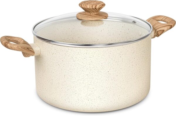 Nonstick Stock Pot, 6 Quart Cooking Pot with Lid, Induction Soup Pot White Granite, Non Stick Pot with Stay-cool Handle, 6 Quart Pot for Cooking