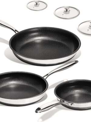 Non Stick Frying Pans Set - 3 Piece (8, 10, 12") Titanium Ceramic Pan with Lids, Nonstick Skillet Stainless Steel, PFAS PFOA & PTFE Free, Dishwasher & Oven Safe, All Cooktops Compatible
