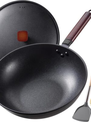 Carbon Steel Wok -13 Inch Woks & Stir-fry Pans Nonstick, Wok Pan with Lid Spatula and Dish Brush: Pre-Seasoned Flat Bottom Chinese Wok for Induction, Electric, Gas, All Stoves