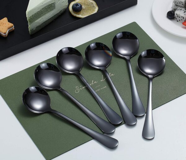 Black Soup Spoons, 6 Pieces Stainless Steel Round Spoons With Black Titanium Plating, Black Dinner Spoon Table Spoon, Spoons Silverware Dishwasher Safe Set of 6